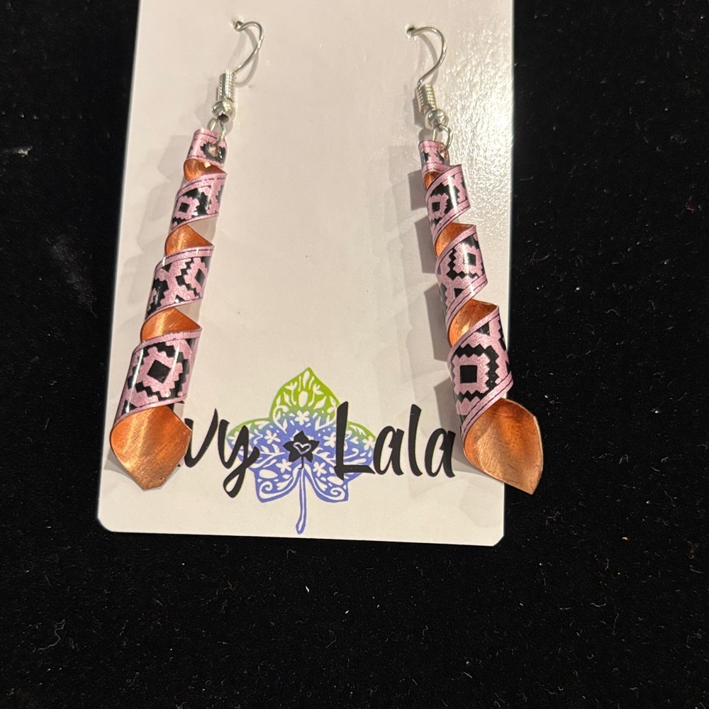 Pink & Copper Patterned Spiral Drop Earrings by